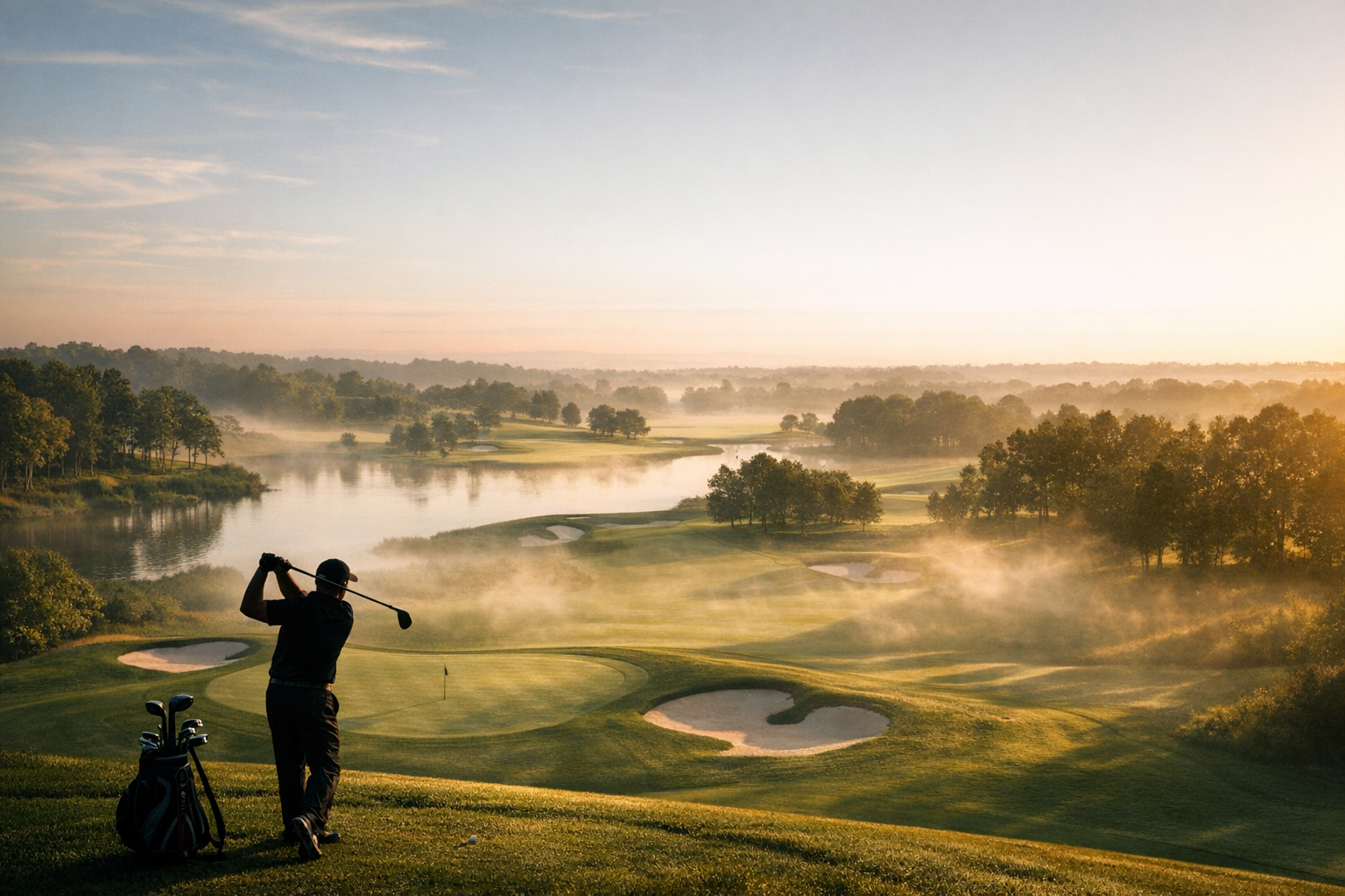 Golfeur au lever du soleil sur un parcours brumeux