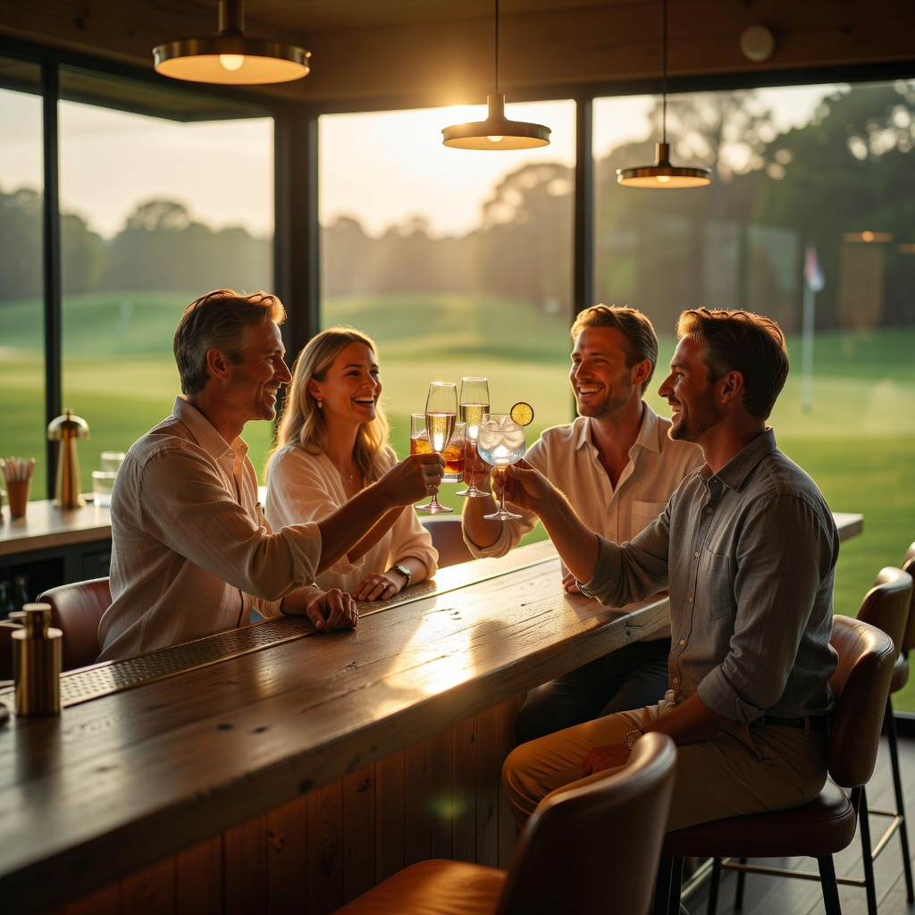 Groupe d'amis trinquant au clubhouse avec vue sur le parcours